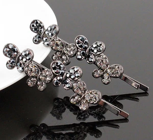 2pcs Butterflies Black Austrian Rhinestone Hair Barrette Clips Bobby Pins B167bk - Picture 1 of 3