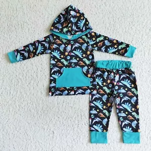 Boys Dinosaur Outer Space  Pocket Hoodie Set 2 pcs Outfit - Picture 1 of 1