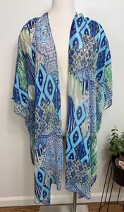 Chico's Womens Ikat Blue Sheer Open Front Cover Up Size S/M Boho Travel Beachy - Picture 1 of 9