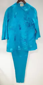 O - VTG Turquoise SILK Pajamas Set 10 DYNASTY HONG KONG 60s - 70s Pants & Kimono - Picture 1 of 16
