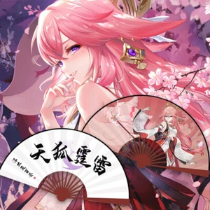 Genshin Impact Yae Miko Cosplay Two-Sided Hand-held Folding Fan Anime Gift - Picture 1 of 2