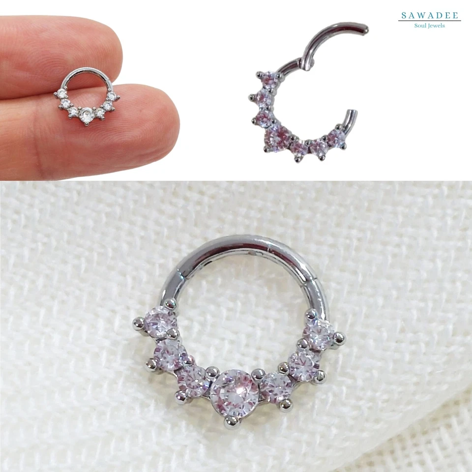 Orecchino clicker in acciaio inox con zirconi bianchi cerchio da elix per septum - Immagine 1 di 4