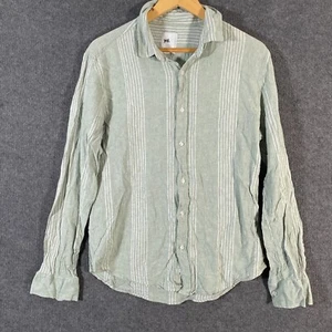 YD Shirt Mens Large Green White Button Up Linen Coastal Retro Classic Z164 - Picture 1 of 12