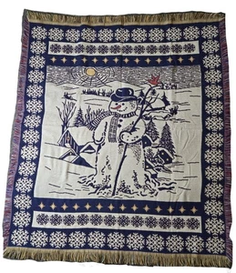 Vtg Snowman Woven Tapestry Throw Sofa Blanket Made in USA Acrylic - Picture 1 of 3