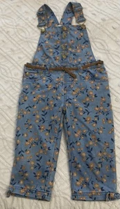 Little Lass Bib Overalls Size 2T Blue Floral All Over Print Faux Suede Belt Trim - Picture 1 of 14