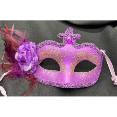 Masquerade Mask Mardi Gras Carnival Purple, Pink and Gold sparkle eye mask with - Image 1 of 4