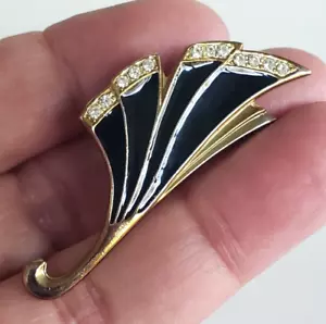 Spilla vintage non firmata Park Lane Trisette #4001 smalto nero strass tono oro 2" - Foto 1 di 4