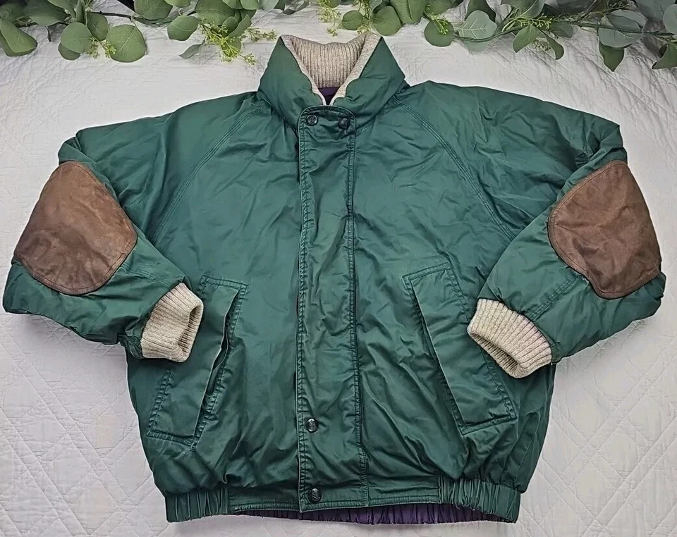 Abrigo de Colección Nautica Plumón Ganso Puffer Cuero Verde Parches Cremallera Completa Talla XL Foto 1 de 4