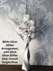 90 cm HANDGEFERTIGTE KÜNSTLICHE SEIDE SILBER GLITZER GEMISCHTE BLUMEN, SILBER GLITZERVASE - Bild 1 von 6