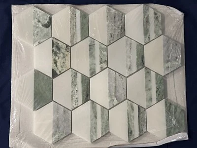 S63 White/Grey/Green Stone Marble Hexagon Mosaic Tile Kitchen Bathroom - Image 1 of 4