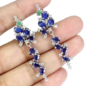 925 Sterling Silver Earrings Oval Sapphire 6x4mm Emerald Gemstone Jewelry - Picture 1 of 14