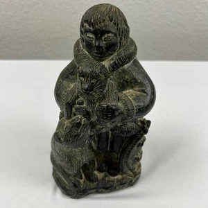 The Wolf Sculptures Soapstone Eskimo w/ Dog and Pup Handmade in Canada Vintage - Picture 1 of 17