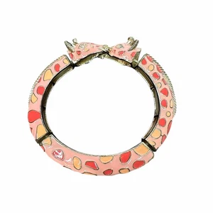 Vintage 70s Pink Enamel Giraffe Head Stretch Bracelet Gold Metal Mosaic Spotted - Picture 1 of 12