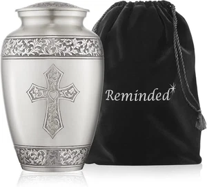 Adult Cremation Memorial Urn for Human Ashes, Pewter Etched Cross Brass Funer... - Picture 1 of 6