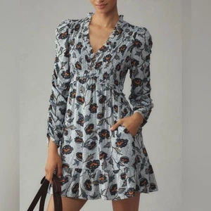 Anthropologie Long-Sleeve V-Neck Ruffle Feminine Floral Mini Dress M EUC - Picture 1 of 13