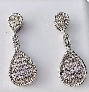 Olivia Sterling Silver Diamond Teardrop Pear shaped Dangle Drop Earrings - Picture 1 of 5