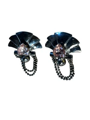 🩷 Orecchini Bijoux Vintage Argento Pietra Rosa Cuore Anni ‘70 Moda Donna - Immagine 1 di 4