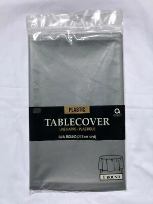Amscan 84" Round Tablecloth, Plastic Table Cover, Gray - Image 1 of 2