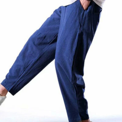 Men Harem Long Pants Wide Leg Trousers Linen Plain Loose Drawstring Waist Casual - Image 1 of 4