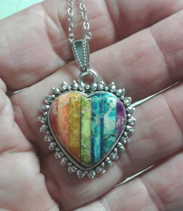 BWT- Inlay Jasper Heart GemStone Pendant, Bezel set, #3222, Multi Color - Picture 1 of 4