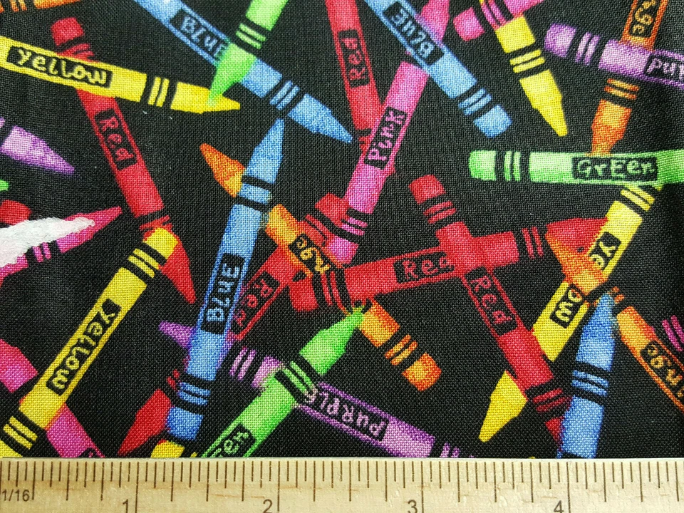 Fat Quarter Crayons on Black 100 Cotton Fabric 18" X 21" Teacher Back to School