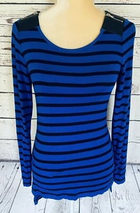 Design History Women’s Small Blouse Long Sleeves Pleather Zip Shoulders Striped - Picture 1 of 9