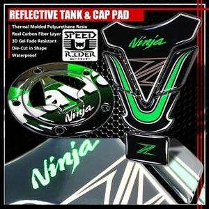 NINJA ZX-6R-14R REFLECTIVE LOGO GAS TANK PAD+GAS CAP FUEL LID COVER KIT GREEN - Picture 1 of 1
