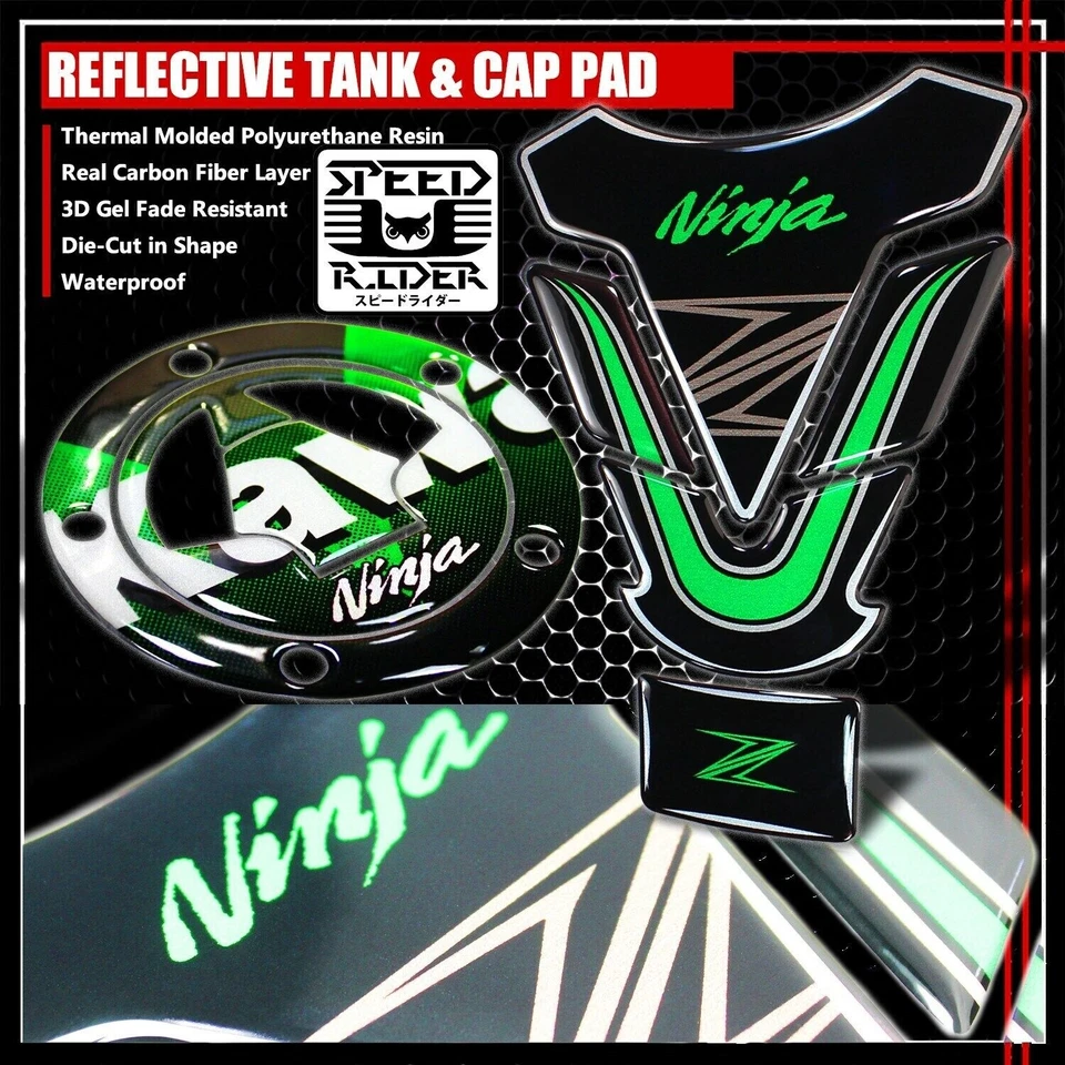 NINJA ZX-6R-14R LOGOTIPO REFLEXIVO ALMOFADA TANQUE DE GASOLINA + TAMPA DE GÁS KIT TAMPA DE COMBUSTÍVEL VERDE - Imagem 1 de 1