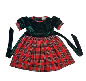 Smockingbird 3T Christmas Dress Holiday Smocked Red Plaid Tartan Green Velvet - Picture 1 of 12