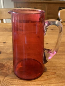 Antique Victorian Cranberry Glass Large Beverage Pitcher Lemonade Jug Flowers - Picture 1 of 10