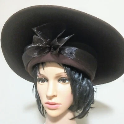 Woolaine Arlin Brown Wide Brimmed Hat with Mesh Ribbon - Image 1 of 4