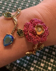 Betsey Johnson Pink Rose Floral Branch Crystal Rhinestone Hinged Cuff Bracelet - Picture 1 of 9