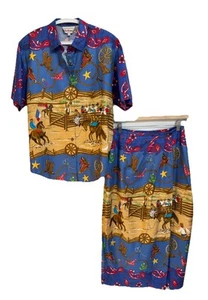 Vtg Bechamel Size 12 16 Western Wrap Skirt Shirt Set Blue Red Rodeo Cowgirl - Picture 1 of 12