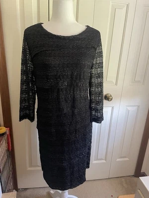 Vestido Chicos Shift Feminino 1 Preto Crochê Renda Lateral Decote V Manga Longa Algodão - Imagem 1 de 4