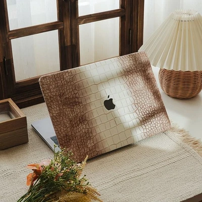 MacBook Air 13" M4 Hard Case Cover Brown White Crocodile PU Leather MacBook Pro - Photo 1/4