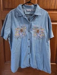 Vintage Jane Ashley Damen Übergröße 2X blau Denim bestickt Kätzchen Katze Kätzchen - Bild 1 von 4