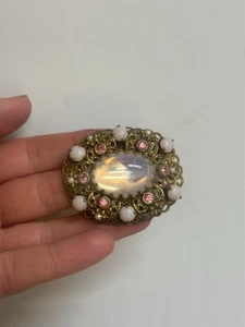 Stunning Vintage Western Germany Pink Opaline Glass Cabaschon Filigree Brooch - Picture 1 of 7