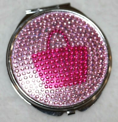 NEW MIRROR COMPACT WITH PINK RHINESTONE DESIGN w/Pouch - Image 1 of 4