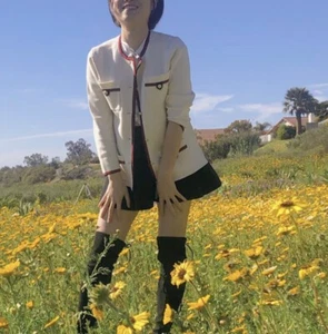 Anne Klein Ivory Knit Red Trim 4 Pockets Cardigan Embossed Gold Anchor Button XL - Picture 1 of 17