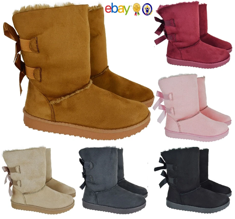 Women's Ladies Flat Fur Ribbon Bow Winter Warm Low Heel Ankle Boots Shoes Size