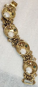 Vintage FLORENZA style Intricate Floral Shell Rhinestone Panel Link Bracelet - Picture 1 of 7