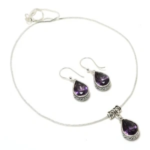 Amethyst 925 Silber plattiert Handarbeit Halskette & Ohrringe Set 18" - Bild 1 von 3