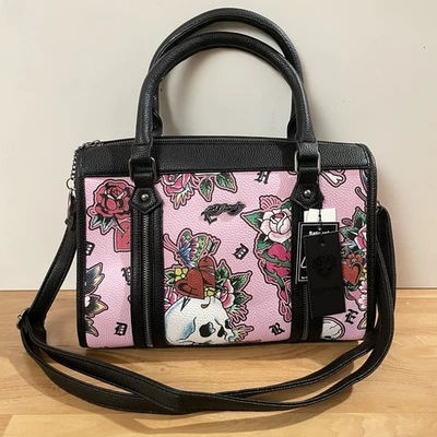 Ed Hardy Pink Skull & Roses Print Satchel Crossbody Bag w Charm Adjustable Strap - Image 1 of 4