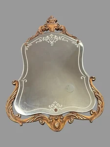 Vintage Art Deco Jugendstil Wandbehang floral geätzt Spiegel verzierter Holzrahmen - Bild 1 von 7