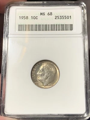 1958 年 P 版银色滚珠 ~ 旧 ANACS 香皂盒 MS68 ~ 色调很好 — 第 1/4 张图片