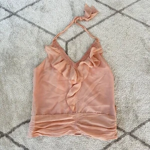 BCBG Petal Pink Beaded Ruffle Tie Back Georgette 90s Y2K Halter Sz Med - Picture 1 of 7