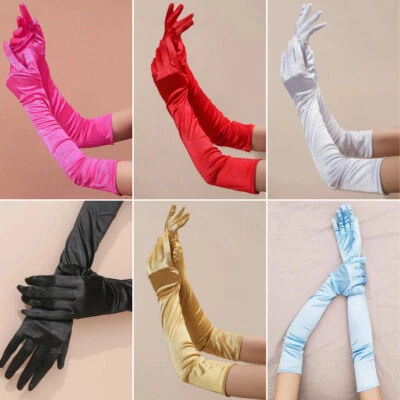 21" BLACK LONG STRETCH SATIN BRIDAL WEDDING PROM PARTY COSTUME OPERA GLOVES SEXY - Image 1 of 4