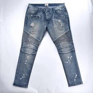 KDNK Jeans Men's 38 Moto Low Rise Skinny Stretch Pants Blue Distressed - Picture 1 of 13