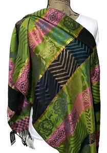 PASHMINA Seidenmischung Halstuch/Tuch/Schal grün/rosa/gold Seidenmischung mit Fransen 26 x 66 - Bild 1 von 13