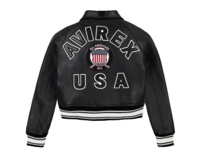 Avirex Women’s Cropped Varsity Leather Jacket Black Bomber Patch Logo Limited - Image 1 of 4